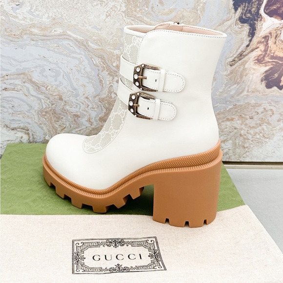 New! Gucci Kensington GG Supreme Monogram  Double Buckle Leather Ankle Boots - Picture 1 of 10